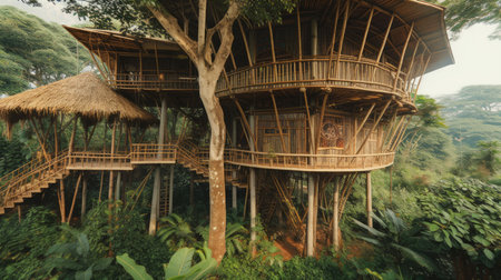 The large tropical treehouse with stair in jungle. Generative AI image AIG30.の素材