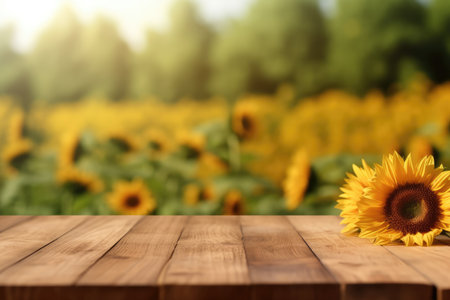 The empty wooden table top with blur background of sunflower field. Generative AI image AIG30.の素材