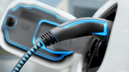 Closeup EV charger plugged into electric car for electric recharging from electric charging station...