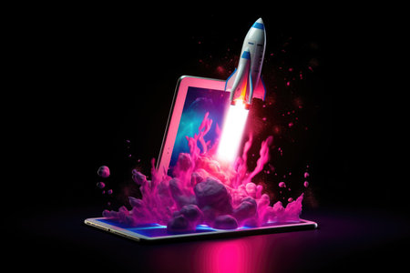 Rocket coming out of tablet screen , neon light. beautiful Generative AI AIG32の素材