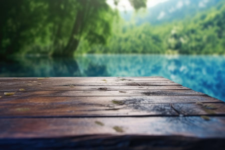 The empty wooden table top with blur background of Plitvice lakes. Exuberant image.の写真素材