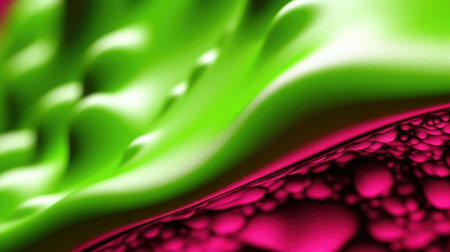 The close up of a glossy metal surface in bright lime green and hot pink colors with a soft focus. Generative AI AIG30.の写真素材