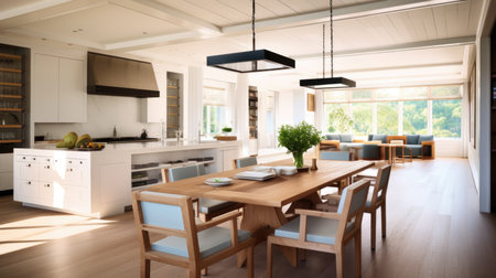 The modern interior open space design of dining room and kitchen in white tone. Generative AI AIG27.の素材
