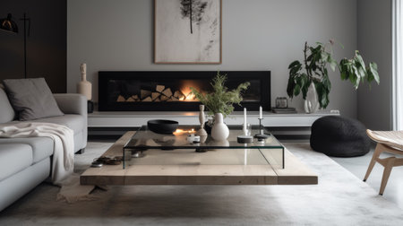 Living room decor, home interior design . Minimalist Scandinavian style with Fireplace decorated with Concrete and Wood material . Generative AI AIG26.の素材
