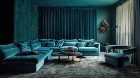 The interior design of vintage aqua blue living room with long curtain, cotton velvet vintage sofa, and silk rug. Generative AI AIG27.の素材