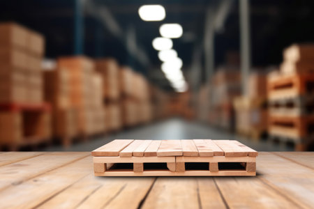 The empty wooden table top with blur background of warehouse storage. Exuberant image.の写真素材