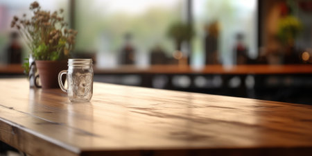 The empty wooden table top with blur background of indoor vintage cafe. Generative AI image AIG30.の素材