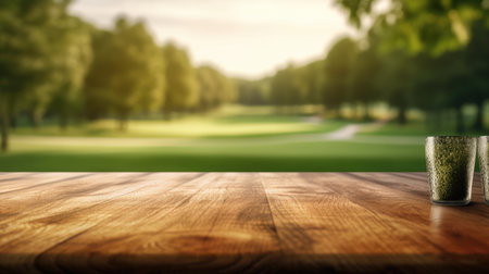 The empty wooden brown table top with blur background of country club. Generative AI image AIG30.の素材