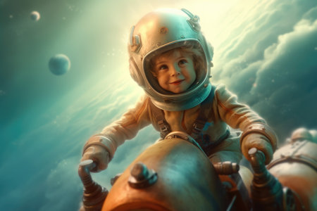 kid in spacesuit helmet riding on a rocket. beautiful Generative AI AIG32の素材
