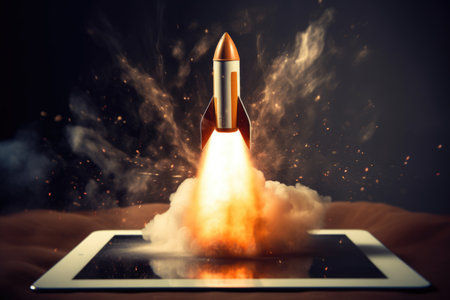 Rocket coming out of tablet screen. beautiful Generative AI AIG32の素材