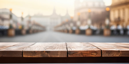 The empty wooden table top with blur background of Rome street. Exuberant image.