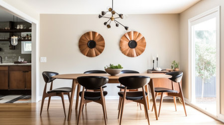 Interior design inspiration of Mid-Century Modern Scandinavian style home dining room loveliness decorated with Wood and Leather material and Sputnik Chandelier .Generative AI home interior design .の素材
