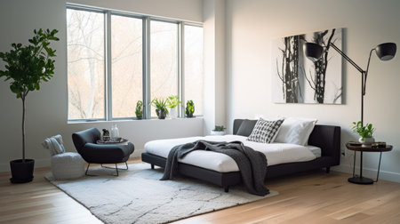 Bedroom decor, home interior design . Contemporary Minimalist style with Large Window decorated with Glass and Metal material . Generative AI AIG26.の素材
