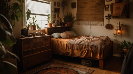 Bedroom decor, home interior design . Bohemian Mid-century Modern style with Gallery Wall decorated with Wood and Brass material . Generative AI AIG26.の素材