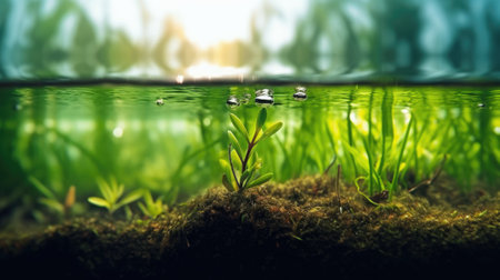 half underwater split, macro photography, stream of fresh water, young green plant, outdoor springtime. beautiful Generative AI AIG32の素材