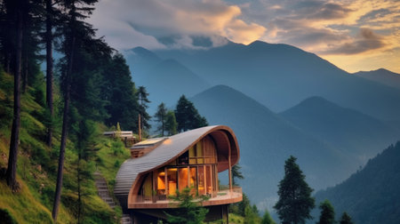 The exterior design of modern eco wooden house on mountain that is full of nature. Generative AI image AIG30.の素材