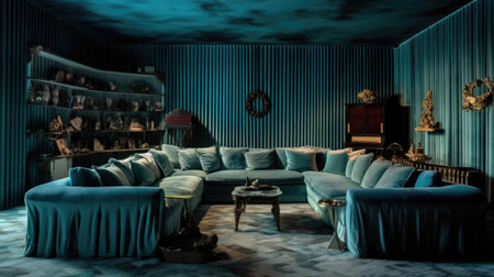 The interior design of vintage aqua blue living room with long curtain, cotton velvet vintage sofa, and silk rug. Generative AI AIG27.の素材