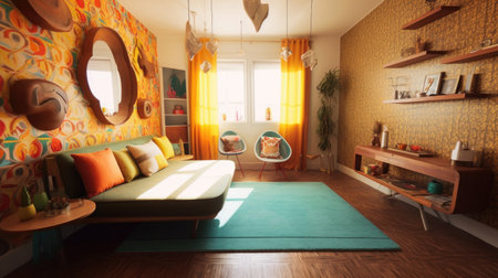 Interior design of living room with funky, fresh, cool, and colorful style. Generative AI AIG27.の素材