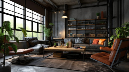 Inspiring office interior design Industrial style Lounge featuring Exposed pipes architecture. Generative AI AIG 31.の素材