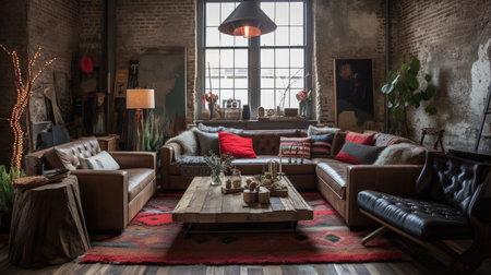 Living room decor, home interior design . Industrial Rustic style with Exposed Brick Wall decorated with Concrete and Wood material . Generative AI AIG26.の素材