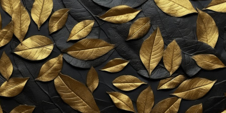 Dry Gold Black leaves Surface textured background, realism, realistic, hyper realistic. Generative AI image weber.の素材