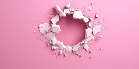 Breaking out of a hole in solid Pink wall, torn hole, empty copy space frame, mockup. Generative AI image weber.の素材