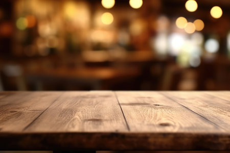 The empty wooden table top with blur background of indoor vintage cafe. Exuberant image.の写真素材