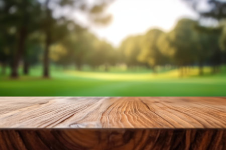 The empty wooden brown table top with blur background of country club. Exuberant image.の写真素材