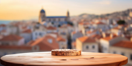 The empty wooden table top with blur background of the old town Dubrovnik . Generative AI image AIG30.の素材