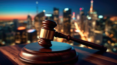 A wooden gavel of law on a table top with city skyline in blur background. beautiful Generative AI AIG32の素材
