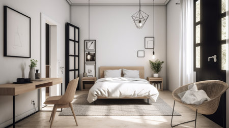 Bedroom decor, home interior design . Scandinavian Industrial style with Pendant Light decorated with White, Light Wood and Metal material . Generative AI AIG26.の素材