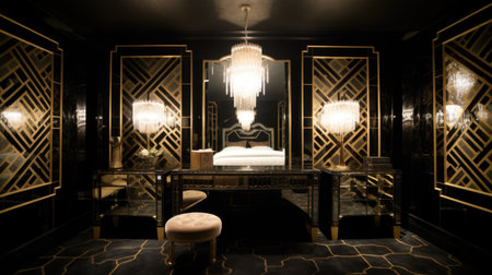 Bedroom decor, home interior design . Art Deco Glamorous style with Mirrored Wall decorated with Velvet and Gold material . Generative AI AIG26.の素材