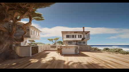 The open space modern kitchen in minimal loft beach house in wooden floor with ocean view. Generative AI AIG27.の素材