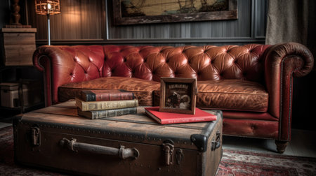 Living room decor, home interior design . Rustic Industrial style with Fireplace decorated with Wood and Metal material . Generative AI AIG26.の素材