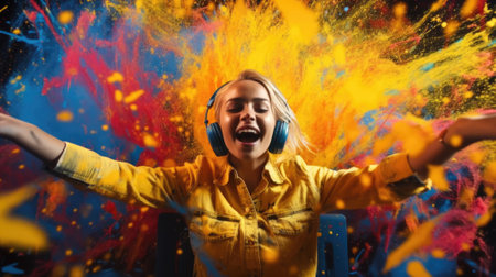 candid an excited DJ young scandinavian woman mixing music at turntables with headphones. beautiful Generative AI AIG32の素材