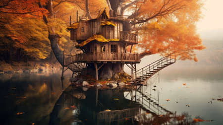 The exterior design of lakeside treehouse in autumn. Generative AI AIG30.の素材