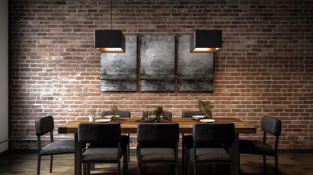 Interior design inspiration of Urban Modern Industrial style home dining room loveliness decorated with Concrete and Steel material and Exposed Brick Wall .Generative AI home interior design .の素材