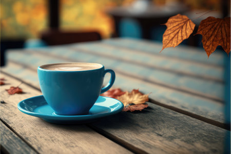 Focus blue color of coffee cup on wooden table with blurred autumn background. Concept of blank space for advertising product. Finest generative AI.の素材