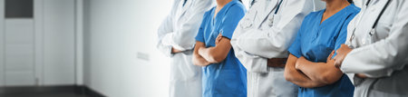 Confident medical staff team with doctor nurse and healthcare specialist professions people in...