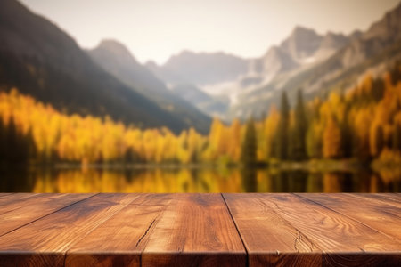 The empty wooden table top with blur background of lake and mountain in autumn. Exuberant image.の写真素材