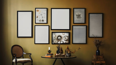 The interior of vintage living room with armchair and table hanging empty and natural photo frames on the wall. Generative AI AIG27.の素材