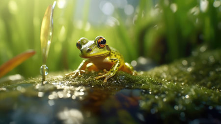 photo of a frog, macro photography , stream of fresh water, young green plant, outdoor springtime. beautiful Generative AI AIG32の素材