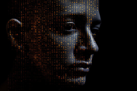 A binary code with human face shape on dark background. Generative AI AIG27.の素材