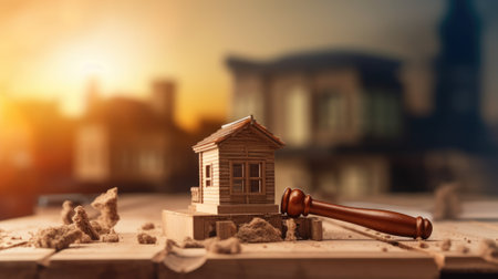 A gavel on a table top of construction site in concept of construction industry law in blur background. beautiful Generative AI AIG32の素材
