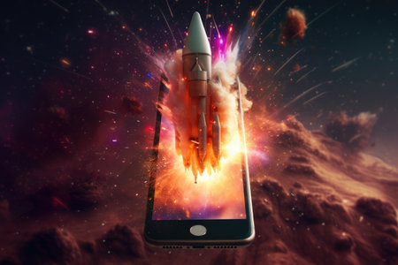 Rocket coming out of smartphone screen. beautiful Generative AI AIG32の素材