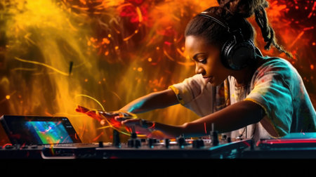 candid an excited DJ young african woman mixing music at turntables with headphones. beautiful Generative AI AIG32の素材
