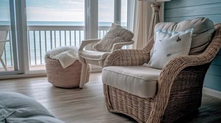 Bedroom decor, home interior design . Coastal Rustic style with Ocean View decorated with Wood and Rattan material . Generative AI AIG26.の素材
