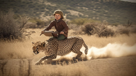 A little boy riding on a cheetah, running fast speed across a vast savannah. Generative AI AIG27.の素材