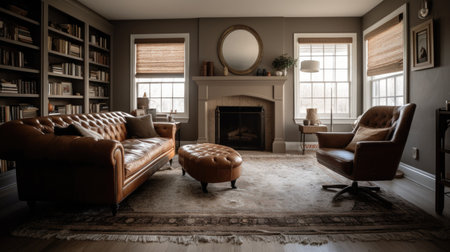 Living room decor, home interior design . Contemporary Rustic style with Fireplace decorated with Leather and Wood material . Generative AI AIG26.の素材