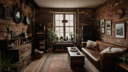 Living room decor, home interior design . Industrial Bohemian style with Exposed brick wall decorated with Leather and Wood material . Generative AI AIG26.の素材